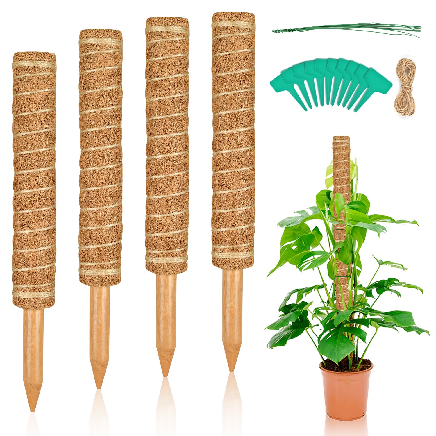 4 Pack 15.7 Inches Moss Pole Plant Support for Monstera, Coir